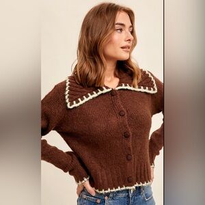 Alira Dark Brown Contrast Stitch Button Front Cardigan Sweater